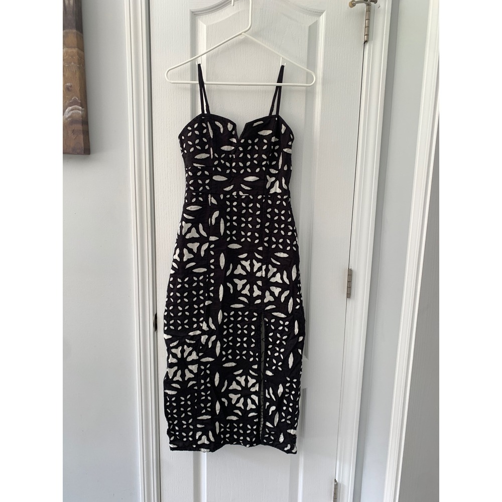 Saltwater Luxe Black White Eyelet Midi Dress Sweetheart Neck Slit XS